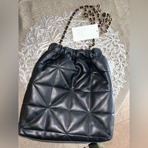 A New Day Black Quilted Drawstring Shoulder Bag with Chain-Accent Strap